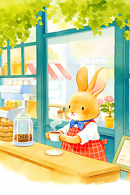 JPG 식물 동물 꽃 리본 화분 일러스트 동화 수채화 따뜻함 들기 상반신 사람없음 갈색 귀여움 앞치마 카페 병 커피잔 토끼캐릭터 바리스타 차양막 국내일러스트 AI일러스트 AI콘텐츠 직업 식기 커피 컬러 동물캐릭터 컨셉 모션 잔 상점 토끼 차양 파일형식