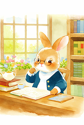JPG 동물 화분 일러스트 창문 주전자 동화 수채화 책장 따뜻함 앉기 상반신 사람없음 책 독서 갈색 손들기 귀여움 도서관 책상 토끼캐릭터 서점 사서 안경낌 국내일러스트 AI일러스트 AI콘텐츠 직업 교육 안경 컬러 동물캐릭터 가구 컨셉 모션 주방용품 상점 토끼 파일형식