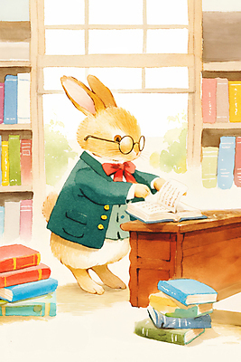 JPG 동물 리본 일러스트 창문 동화 수채화 책장 따뜻함 사람없음 독서 갈색 귀여움 도서관 책상 토끼캐릭터 서점 사서 책더미 안경낌 국내일러스트 AI일러스트 AI콘텐츠 직업 교육 안경 컬러 동물캐릭터 가구 컨셉 책 상점 토끼 무더기 파일형식