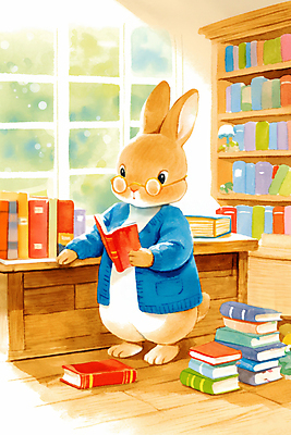 JPG 동물 일러스트 동화 수채화 책장 따뜻함 들기 사람없음 독서 햇빛 갈색 귀여움 도서관 책상 토끼캐릭터 서점 사서 책더미 안경낌 국내일러스트 AI일러스트 AI콘텐츠 직업 교육 안경 컬러 동물캐릭터 가구 컨셉 모션 책 태양 상점 토끼 무더기 파일형식