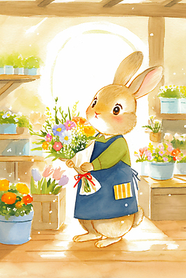 JPG 동물 화분 꽃다발 일러스트 동화 수채화 따뜻함 들기 사람없음 햇빛 갈색 문 귀여움 앞치마 꽃집 토끼캐릭터 플로리스트 국내일러스트 AI일러스트 AI콘텐츠 직업 꽃 컬러 동물캐릭터 컨셉 모션 태양 상점 토끼 파일형식