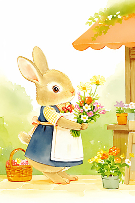 JPG 동물 화분 꽃다발 일러스트 동화 수채화 따뜻함 들기 사람없음 갈색 귀여움 앞치마 꽃집 토끼캐릭터 꽃바구니 차양막 플로리스트 국내일러스트 AI일러스트 AI콘텐츠 직업 꽃 컬러 동물캐릭터 컨셉 모션 바구니 상점 토끼 차양 파일형식