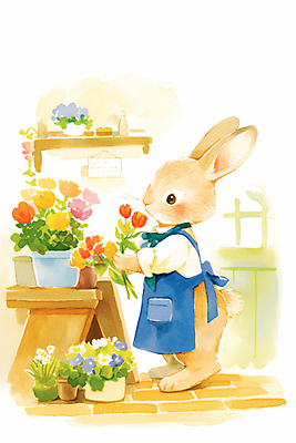 JPG 동물 꽃 화분 일러스트 동화 수채화 선반 따뜻함 들기 사람없음 갈색 귀여움 앞치마 꽃집 토끼캐릭터 플로리스트 국내일러스트 AI일러스트 AI콘텐츠 식물 직업 컬러 동물캐릭터 가구 컨셉 모션 상점 토끼 파일형식