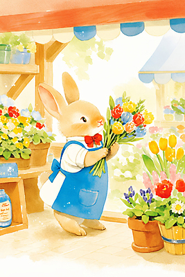JPG 동물 화분 꽃다발 일러스트 동화 수채화 따뜻함 들기 사람없음 갈색 귀여움 앞치마 꽃집 토끼캐릭터 차양막 플로리스트 국내일러스트 AI일러스트 AI콘텐츠 직업 꽃 컬러 동물캐릭터 컨셉 모션 상점 토끼 차양 파일형식