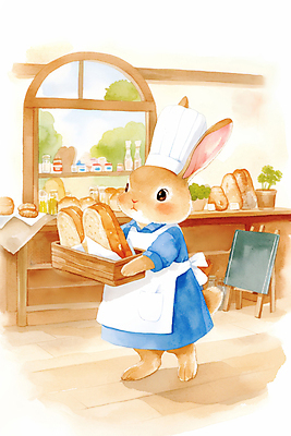 JPG 동물 빵 일러스트 창문 동화 수채화 따뜻함 요리사모자 들기 사람없음 갈색 바구니 귀여움 앞치마 빵집 토끼캐릭터 소스통 입간판 제빵사 국내일러스트 AI일러스트 AI콘텐츠 직업 모자_잡화 음식 컬러 동물캐릭터 컨셉 모션 간판 통 상점 요리사 토끼 소스_음식 파일형식