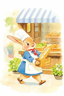 JPG 동물 꽃 화분 일러스트 동화 수채화 따뜻함 요리사모자 들기 사람없음 갈색 바구니 걷기 귀여움 앞치마 빵집 바게트 토끼캐릭터 제빵사 국내일러스트 AI일러스트 AI콘텐츠 식물 직업 모자_잡화 빵 컬러 동물캐릭터 컨셉 모션 상점 요리사 토끼 파일형식