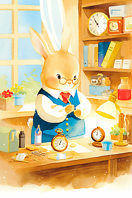 JPG 동물 시계 일러스트 창문 동화 수채화 따뜻함 들기 사람없음 빛 갈색 귀여움 스탠드 커튼 수리 집중 책상 토끼캐릭터 진열장 분해 수리도구 안경낌 수리점 국내일러스트 AI일러스트 AI콘텐츠 안경 컬러 동물캐릭터 가구 컨셉 모션 조명 상점 도구 토끼 파일형식