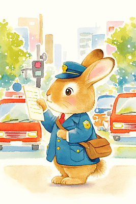 JPG 동물 유니폼 일러스트 자동차 동화 수채화 따뜻함 들기 사람없음 갈색 귀여움 도시 신호등 편지 우체부 토끼캐릭터 우체부가방 국내일러스트 AI일러스트 AI콘텐츠 직업 옷 육상교통 컬러 동물캐릭터 컨셉 가방 모션 토끼 파일형식