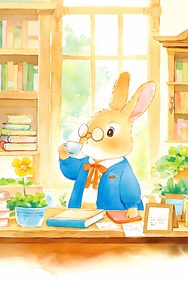 JPG 동물 꽃 리본 화분 액자 일러스트 창문 동화 수채화 책장 따뜻함 들기 상반신 사람없음 갈색 귀여움 마시기 도서관 책상 토끼캐릭터 서점 사서 책더미 안경낌 국내일러스트 AI일러스트 AI콘텐츠 식물 직업 교육 안경 컬러 동물캐릭터 가구 컨셉 모션 책 상점 토끼 무더기 파일형식