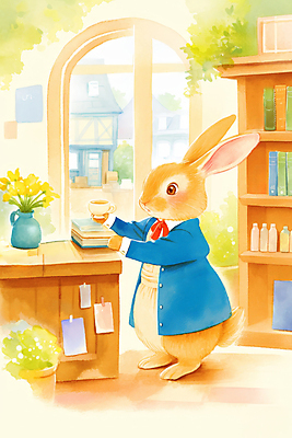 JPG 동물 꽃 화분 일러스트 창문 동화 수채화 책장 따뜻함 들기 사람없음 갈색 귀여움 풀 도서관 찻잔 토끼캐릭터 서점 사서 책더미 국내일러스트 AI일러스트 AI콘텐츠 식물 직업 교육 컬러 동물캐릭터 가구 컨셉 모션 잔 책 상점 토끼 무더기 파일형식