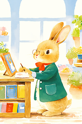 JPG 동물 리본 화분 액자 일러스트 동화 수채화 따뜻함 사람없음 책 갈색 귀여움 기록 토끼캐릭터 진열장 서점 사서 안경낌 국내일러스트 AI일러스트 AI콘텐츠 직업 안경 컬러 동물캐릭터 컨셉 상점 토끼 파일형식