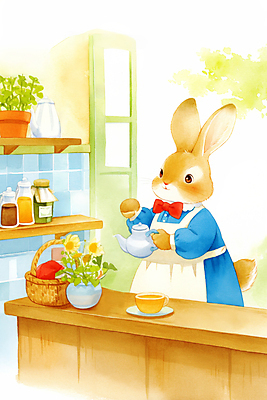 JPG 동물 리본 화분 일러스트 동화 수채화 선반 따뜻함 들기 사람없음 갈색 바구니 귀여움 앞치마 차 찻잔 찻주전자 토끼캐릭터 나무탁자 소스통 국내일러스트 AI일러스트 AI콘텐츠 음료 컬러 동물캐릭터 가구 컨셉 모션 탁자 주전자 잔 통 토끼 소스_음식 파일형식