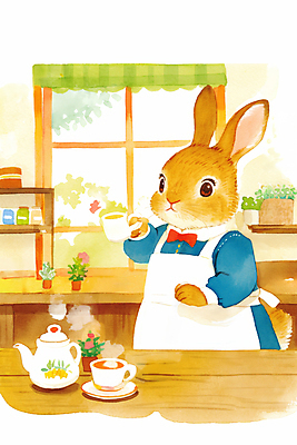 JPG 동물 리본 일러스트 창문 동화 수채화 선반 따뜻함 들기 사람없음 갈색 귀여움 앞치마 차 찻잔 찻주전자 토끼캐릭터 나무탁자 국내일러스트 AI일러스트 AI콘텐츠 음료 컬러 동물캐릭터 가구 컨셉 모션 탁자 주전자 잔 토끼 파일형식