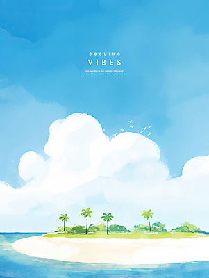 PSD 구름 섬 일러스트 자연 하늘 수채화 해변 사람없음 물 파란색 모래사장 야자수 여름풍경 시원함 감성 청량 국내일러스트 자연요소 나무 바다 컬러 컨셉 풍경 생태계 파일형식 여름_계절