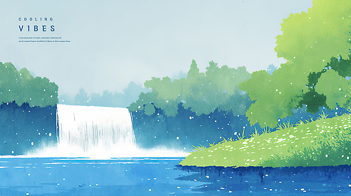 PSD 나무 일러스트 자연 하늘 수채화 잔디 사람없음 물 파란색 계곡 여름풍경 폭포 숲속 시원함 감성 청량 국내일러스트 자연요소 식물 컬러 컨셉 풍경 숲 생태계 파일형식 여름_계절