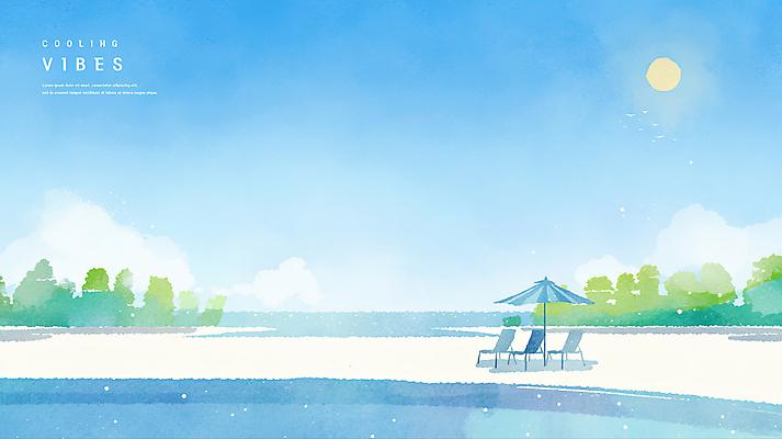 PSD 나무 구름 일러스트 자연 하늘 수채화 수영장 사람없음 물 파란색 햇빛 여름풍경 파라솔 시원함 선베드 감성 청량 국내일러스트 자연요소 식물 컬러 컨셉 의자 풍경 태양 생태계 파일형식 여름_계절