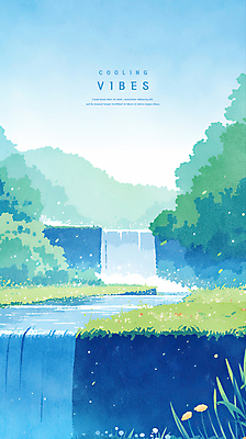 PSD 나무 일러스트 자연 하늘 수채화 산 잔디 사람없음 물 파란색 계곡 여름풍경 폭포 시원함 감성 청량 국내일러스트 자연요소 식물 컬러 컨셉 풍경 생태계 파일형식 여름_계절