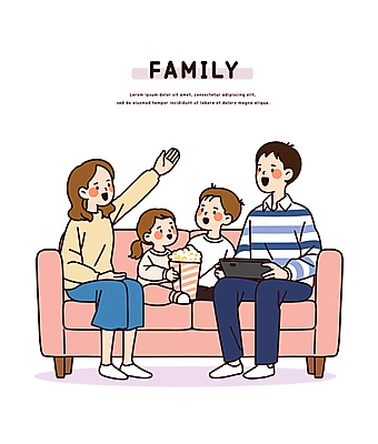 전신 여자 남자 어린이 일러스트 가족 미소 앉기 소녀 소년 여러명 성인 소파 태블릿 손들기 화목 영화 팝콘 가정의달 영화감상 국내일러스트 일러캐릭터 AI파일 캐릭터 다수 컨셉 의자 관계 모션 문화예술 표정 사람 전자제품 스마트기기 감상 5월 파일형식 벡터