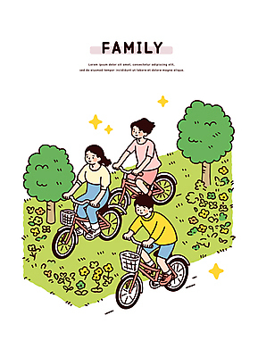 전신 나무 여자 남자 일러스트 가족 청소년 남매 미소 잔디 세명 반짝임 자전거 화목 들꽃 승차 숲 가정의달 십대만 국내일러스트 일러캐릭터 AI파일 식물 캐릭터 꽃 컨셉 관계 모션 표정 사람 바이크 5월 파일형식 벡터