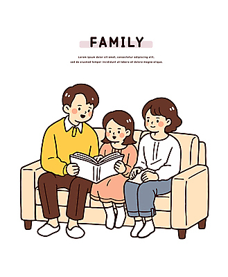전신 여자 남자 어린이 일러스트 가족 미소 들기 앉기 소녀 성인 책 세명 소파 독서 화목 집중 읽기 가정의달 국내일러스트 일러캐릭터 AI파일 캐릭터 컨셉 의자 관계 모션 표정 사람 5월 파일형식 벡터