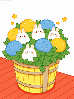 JPG 잎 일러스트 동화 사람없음 노란색 귀여움 봄 토끼캐릭터 꽃바구니 수국 국내일러스트 AI일러스트 AI콘텐츠 식물 계절 꽃 컬러 동물캐릭터 컨셉 바구니 토끼 파일형식
