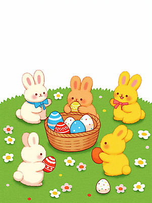 JPG 꽃 리본 일러스트 동화 들기 잔디 초원 사람없음 초록색 바구니 귀여움 봄 토끼캐릭터 부활절계란 국내일러스트 AI일러스트 AI콘텐츠 식물 계절 컬러 동물캐릭터 컨셉 모션 부활절 계란 토끼 파일형식