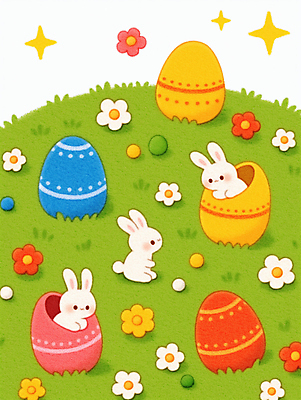 JPG 꽃 일러스트 동화 잔디 초원 사람없음 초록색 반짝임 바구니 귀여움 봄 토끼캐릭터 부활절계란 국내일러스트 AI일러스트 AI콘텐츠 식물 계절 컬러 동물캐릭터 컨셉 모션 부활절 계란 토끼 파일형식