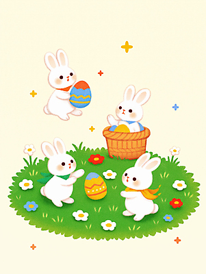JPG 꽃 일러스트 동화 들기 잔디 사람없음 초록색 반짝임 바구니 귀여움 스카프 봄 토끼캐릭터 부활절계란 국내일러스트 AI일러스트 AI콘텐츠 식물 계절 컬러 동물캐릭터 컨셉 모션 부활절 계란 목도리 토끼 파일형식