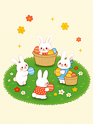 JPG 꽃 일러스트 동화 들기 잔디 사람없음 초록색 반짝임 바구니 귀여움 봄 토끼캐릭터 부활절계란 국내일러스트 AI일러스트 AI콘텐츠 식물 계절 컬러 동물캐릭터 컨셉 모션 부활절 계란 토끼 파일형식