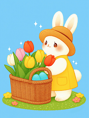 JPG 하늘색 일러스트 동화 잔디 사람없음 반짝임 바구니 귀여움 봄 튤립 잡기 토끼캐릭터 밀짚모자 부활절계란 국내일러스트 AI일러스트 AI콘텐츠 식물 모자_잡화 계절 꽃 동물캐릭터 컨셉 모션 부활절 파란색 계란 토끼 파일형식