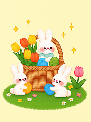 JPG 일러스트 동화 들기 잔디 사람없음 반짝임 노란색 바구니 귀여움 봄 튤립 토끼캐릭터 부활절계란 국내일러스트 AI일러스트 AI콘텐츠 식물 계절 꽃 컬러 동물캐릭터 컨셉 모션 부활절 계란 토끼 파일형식
