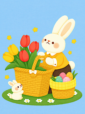 JPG 하늘색 잎 일러스트 동화 사람없음 바구니 귀여움 봄 튤립 잡기 토끼캐릭터 부활절계란 국내일러스트 AI일러스트 AI콘텐츠 식물 계절 꽃 동물캐릭터 컨셉 모션 부활절 파란색 계란 토끼 파일형식