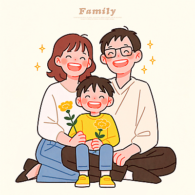 전신 PSD 여자 남자 꽃 행복 어린이 일러스트 가족 사랑 웃음 들기 소년 성인 세명 반짝임 무릎꿇기 가부좌 베이지색 안경낌 일러캐릭터 식물 캐릭터 감정 안경 컬러 관계 모션 표정 사람 앉기 파일형식