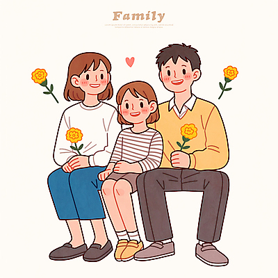 전신 PSD 여자 남자 꽃 행복 어린이 일러스트 가족 사랑 웃음 들기 앉기 소녀 성인 세명 하트 베이지색 일러캐릭터 모양 식물 캐릭터 감정 컬러 관계 모션 표정 사람 파일형식