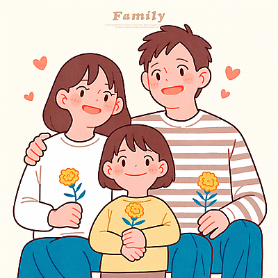 PSD 여자 남자 꽃 행복 어린이 일러스트 가족 사랑 웃음 들기 앉기 소녀 상반신 성인 세명 하트 베이지색 어깨에손 일러캐릭터 모양 식물 캐릭터 감정 컬러 관계 모션 표정 사람 파일형식