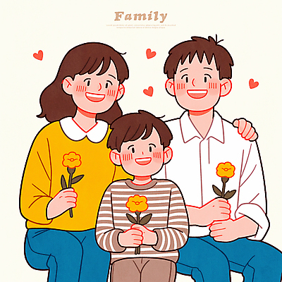 PSD 여자 남자 꽃 행복 어린이 일러스트 가족 사랑 웃음 들기 앉기 소년 상반신 성인 세명 하트 베이지색 어깨에손 일러캐릭터 모양 식물 캐릭터 감정 컬러 관계 모션 표정 사람 파일형식