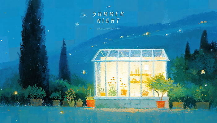 PSD 나무 화분 야경 일러스트 밤하늘 산 선반 초원 사람없음 야외 파란색 빛 여름풍경 풀 감성 여름밤 온실 국내일러스트 식물 컬러 가구 컨셉 하늘 풍경 여름 야간 파일형식 여름_계절 풍경_경치