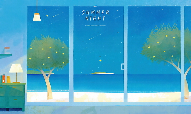 PSD 나무 섬 야경 일러스트 창문 밤하늘 선반 실내 사람없음 파란색 빛 여름풍경 스탠드 서랍장 감성 밤바다 여름밤 국내일러스트 식물 바다 컬러 가구 컨셉 하늘 조명 풍경 내부 여름 야간 파일형식 여름_계절 풍경_경치