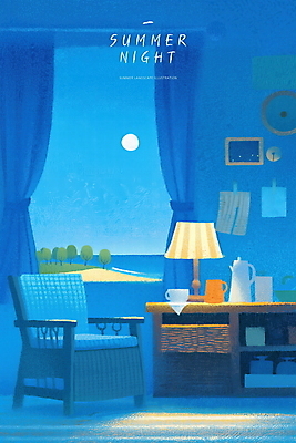 PSD 나무 섬 액자 야경 의자 일러스트 창문 밤하늘 주전자 실내 사람없음 파란색 빛 여름풍경 머그컵 달 스탠드 커튼 커피잔 책상 감성 여름밤 국내일러스트 자연요소 식물 커피 컬러 가구 컨셉 하늘 주방용품 조명 잔 풍경 내부 컵 여름 야간 파일형식 여름_계절 풍경_경치