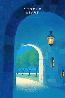 PSD 나무 야경 일러스트 창문 조명 사람없음 파란색 빛 여름풍경 복도 아치 돌벽 감성 여름밤 국내일러스트 식물 벽 컬러 컨셉 풍경 여름 야간 파일형식 여름_계절 풍경_경치