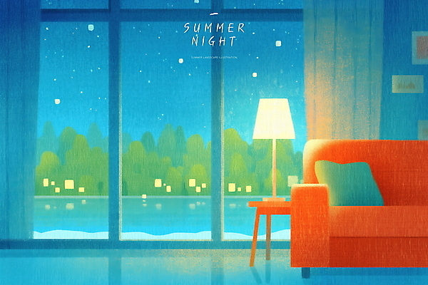 PSD 액자 쿠션 야경 일러스트 창문 밤하늘 실내 사람없음 파란색 빛 소파 여름풍경 스탠드 커튼 감성 나무탁자 여름밤 국내일러스트 컬러 컨셉 의자 탁자 하늘 조명 풍경 내부 여름 야간 파일형식 여름_계절 풍경_경치