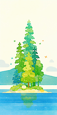 JPG 나무 구름 호수 섬 일러스트 자연 하늘 수채화 산 사람없음 연두색 여름풍경 감성 새떼 국내일러스트 AI일러스트 AI콘텐츠 자연요소 식물 컨셉 조류 풍경 초록색 생태계 파일형식 여름_계절