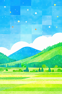 JPG 나무 구름 하늘색 야경 일러스트 자연 밤하늘 수채화 산 초원 사람없음 연두색 반짝임 여름풍경 감성 국내일러스트 AI일러스트 AI콘텐츠 자연요소 식물 컨셉 모션 하늘 풍경 초록색 파란색 야간 생태계 파일형식 여름_계절 풍경_경치