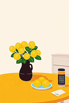 JPG 접시 종이 잎 일러스트 실내 사람없음 노란색 꽃병 레몬 서랍장 원형탁자 국내일러스트 AI일러스트 AI콘텐츠 식물 식기 꽃 컬러 가구 과일 탁자 내부 파일형식