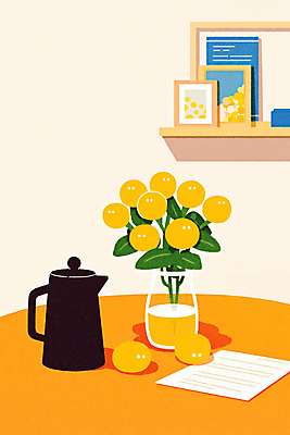 JPG 종이 액자 잎 일러스트 주전자 선반 실내 사람없음 노란색 꽃병 레몬 원형탁자 국내일러스트 AI일러스트 AI콘텐츠 식물 꽃 컬러 가구 과일 탁자 주방용품 내부 파일형식