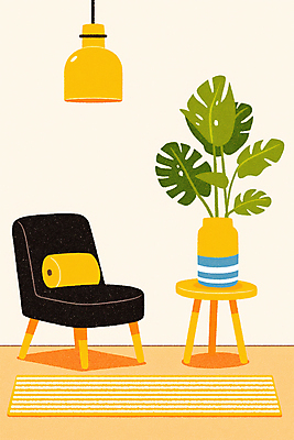 JPG 화분 쿠션 의자 일러스트 조명 실내 사람없음 노란색 카펫 몬스테라 원형탁자 국내일러스트 AI일러스트 AI콘텐츠 식물 컬러 가구 탁자 내부 파일형식