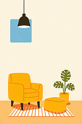 JPG 화분 일러스트 조명 실내 사람없음 소파 노란색 카펫 몬스테라 국내일러스트 AI일러스트 AI콘텐츠 식물 컬러 의자 내부 파일형식