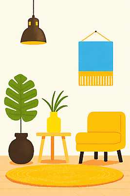 JPG 화분 의자 일러스트 조명 실내 사람없음 노란색 카펫 그림 몬스테라 원형탁자 걸기 마크라메 국내일러스트 AI일러스트 AI콘텐츠 식물 컬러 가구 모션 탁자 내부 공예 파일형식