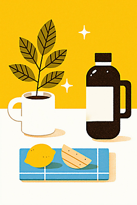 JPG 접시 잎 일러스트 단면 사람없음 반짝임 노란색 머그컵 레몬 보온병 국내일러스트 AI일러스트 AI콘텐츠 식물 식기 컬러 과일 모션 컵 파일형식