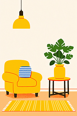 JPG 화분 쿠션 일러스트 조명 실내 사람없음 소파 노란색 카펫 몬스테라 원형탁자 국내일러스트 AI일러스트 AI콘텐츠 식물 컬러 의자 탁자 내부 파일형식